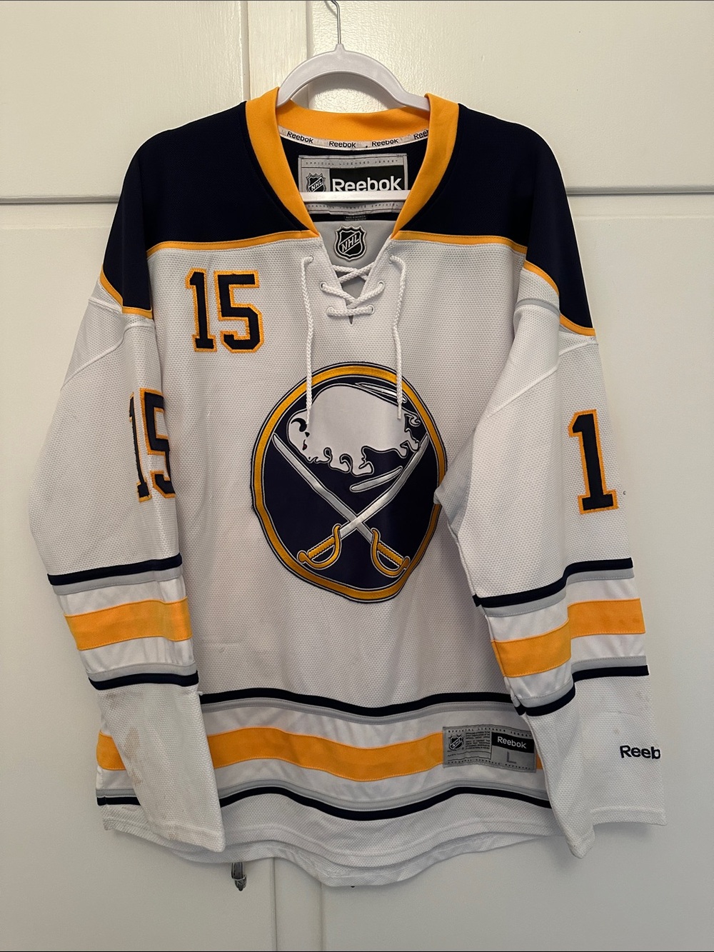 Reebok Men's Buffalo Sabres #15 White Navy Gold Hockey Jersey Jack Eichel